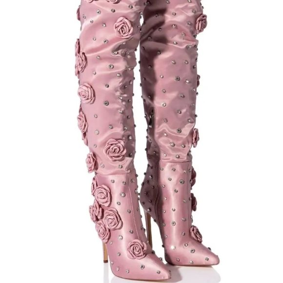 Sugar Thrillz Floral Lace Knee High Combat Boots - Pink  \'Coming Up Roses\' Embellished Over-the-Knee Boot 5-12 Pink